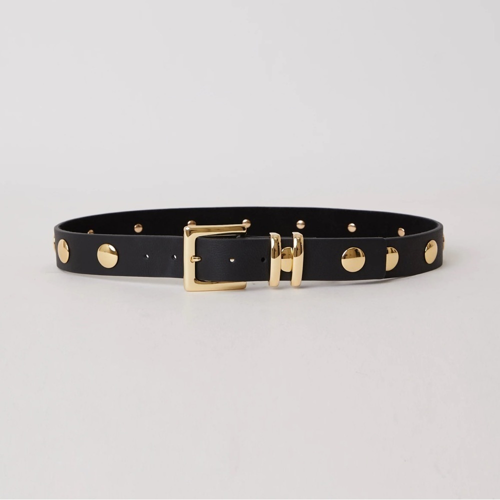 B-Low the Belt Phinix Moto Leather Black and Gold Studded Belt Size XL Suede Lng